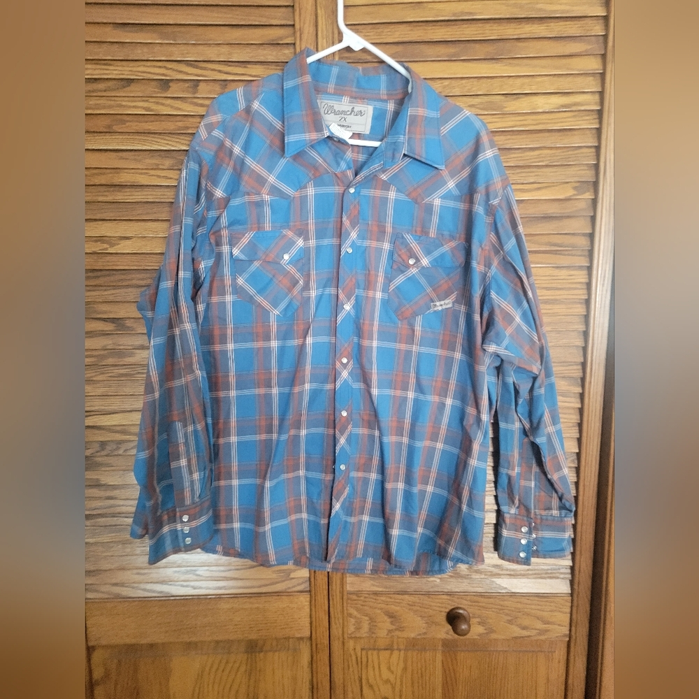 Wrangler Wrancher Pearl Snap Blue and Brown Plaid Shirt Size 2X